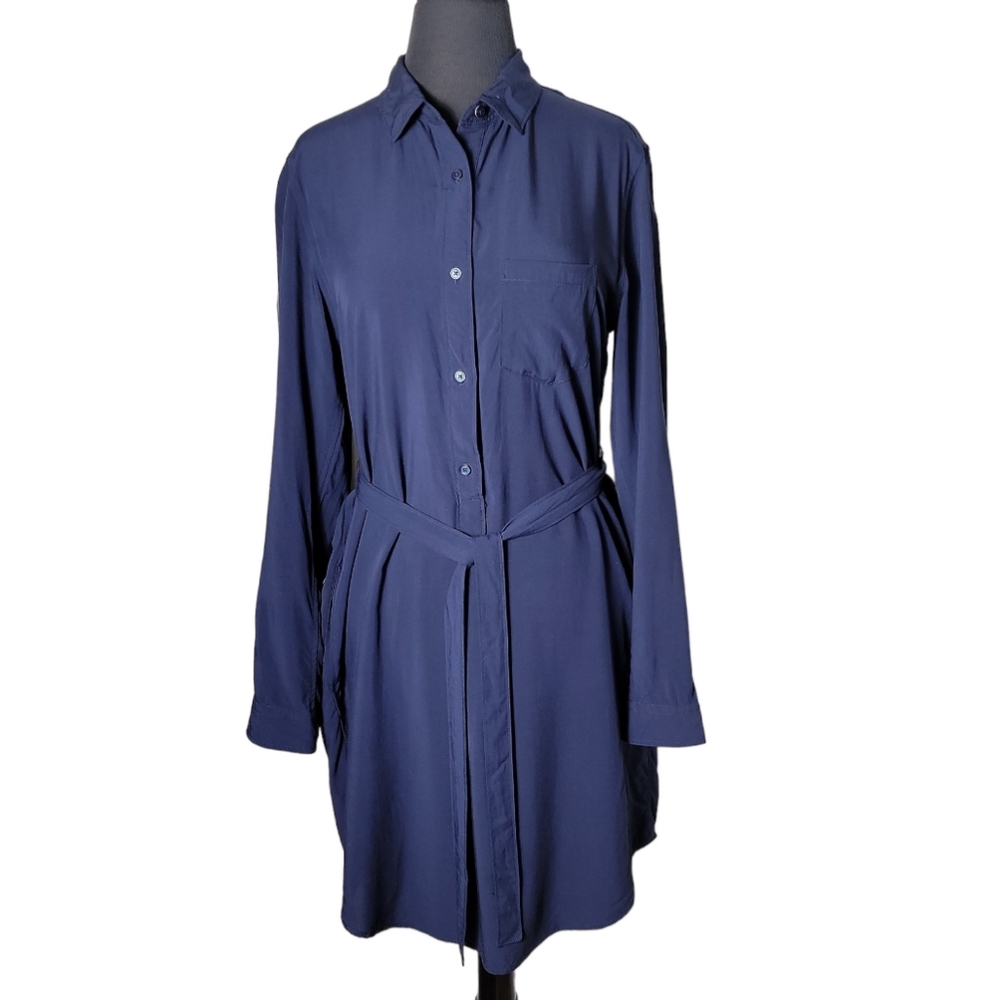 Gap drapey long sleeve navy blue half button up shirt dress size medium